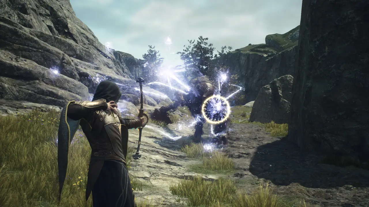 Magick Archer firing enchanted arrows at a large monster in Dragon's Dogma 2 combat