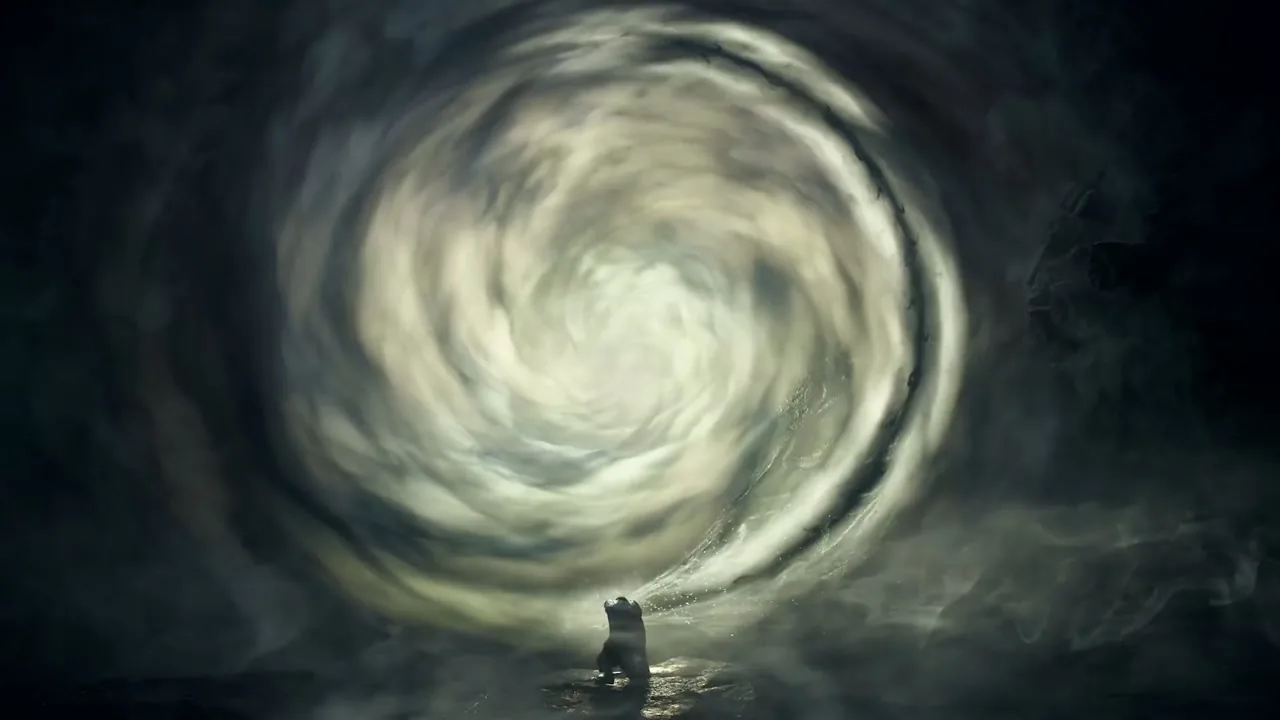 Golden rift spiral opening above a lone Arisen figure