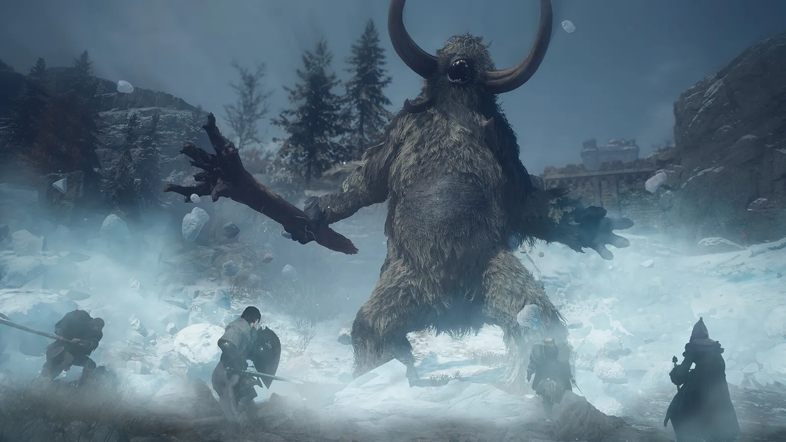 Furry horned giant swinging an uprooted pine tree at four Arisen in a snowy valley