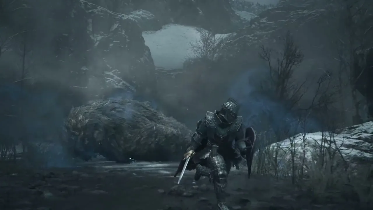 Armored Arisen holding a greatsword in a snowy canyon