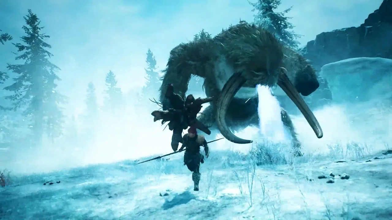 Arisen and pawn facing a giant tusked beast in a snow-covered pine forest