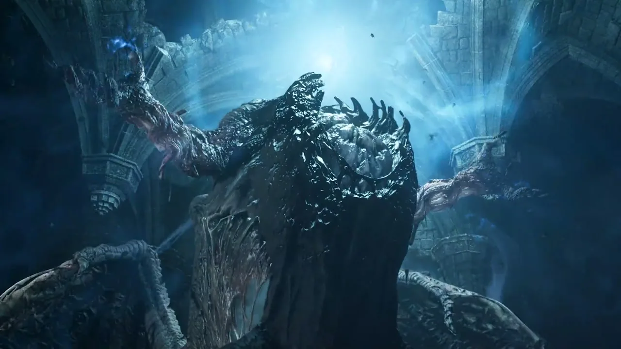 Drained ocean floor and red fog closing around the Seafloor Shrine in Dragon's Dogma 2
